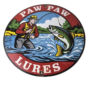 Vintage Paw Paw Lures Sign - Fishing Ad Gas Pump Porcelain Sign - Picture 1 of 14