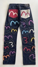 Evisu Denim Jeans Blue Indigo Many Pockets Seagull Paint 32×35 Used Near Mint