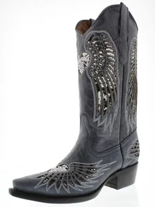 Stivali da rodeo donna punta aperta denim blu argento cuore ali stivali mujer taglia 5 - Foto 1 di 5