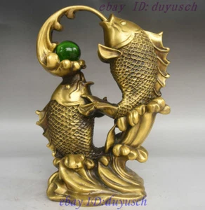 9 Chinese Folk FengShui Brass Two Fish Play Ball On Auspicious Lotus Leaf Statue - Picture 1 of 12