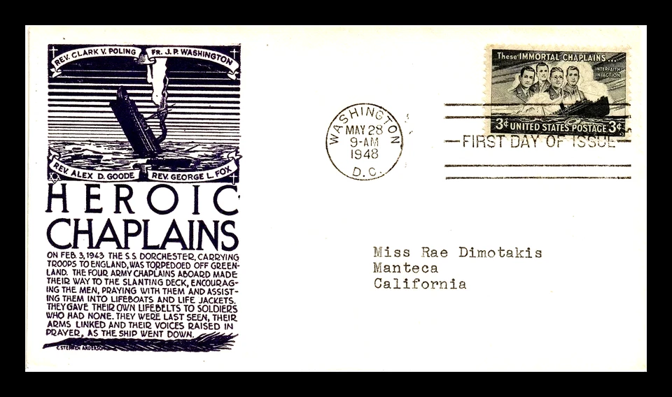 956 3c Stamp (1948) BENEVOLENT WWII FOUR CHAPLAINS FDC BY C. STEPHEN ANDERSON - Image 1 of 1