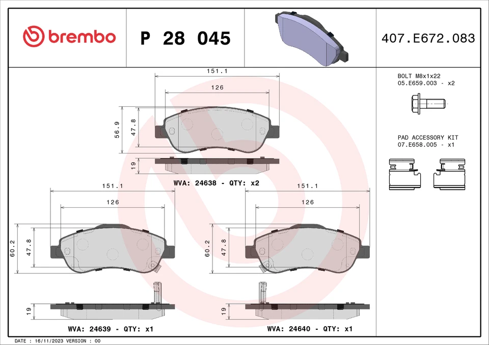 BRAKE PAD SET, DISC BRAKE BREMBO P 28 045 FRONT AXLE FOR HONDA - Image 1 of 3