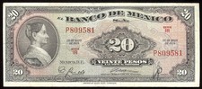 Mexico P-54h Banco de Mexico 20 Pesos IR-P,20.5.1959  VF