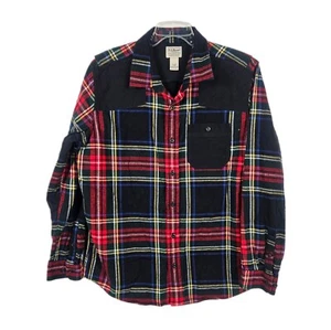 Large LL Bean Mens Heritage Scotch Plaid Flannel Shirt Black Red Tartan Patches - Picture 1 of 6