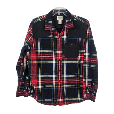 Large LL Bean Mens Heritage Scotch Plaid Flannel Shirt Black Red Tartan Patches - Image 1 of 4