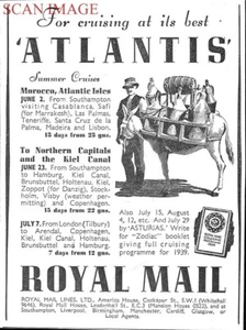 ROYAL MAIL Cruise Line Print Ad Original 1939 Ship 'Atlantis' ADVERT 716/169 - Picture 1 of 1