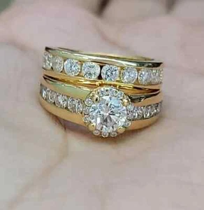 4Ct Round Lab Created Diamond Wedding Band Bridal Ring Set 14k Yellow Gold Plate - Picture 1 of 4