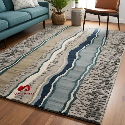 Handmade Wool Rug 9x12 | Nature-Inspired Pebble & Wave Design Area  Carpet ,Soft - Image 1 of 3