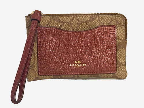 Portafoglio COACH da polso firma ciliegia metallizzata cerniera angolare F22713 pelle nuovo senza etichette