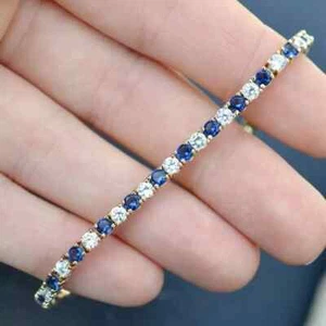 14K Yellow Gold Plated 10Ct Round Cut Lab Created Blue Sapphire Tennis Bracelet - Picture 1 of 5