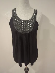 Sushi Flowers, Black Tank Top, Women's Size S, Bead & Metallic Accent - Picture 1 of 9