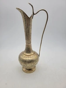 Vintage brass Pitcher Vase Hand Etched Flowers Made In India world gift 10”x3.5” - Picture 1 of 6