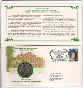 1980 First Day Cover British Stamp and Official One-Crown Coin Queen Mother 80th - Picture 1 of 3
