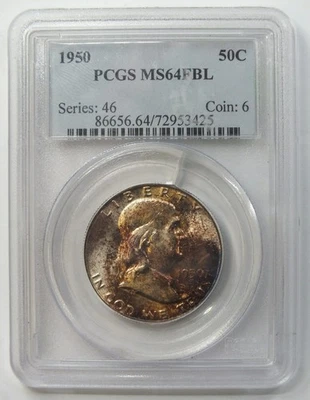 1950 Franklin Argento Mezzo Dollaro PCGS MS64 Fbl Certificato Tonificante Toni - - Immagine 1 di 4