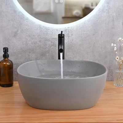 Aquaterior 16" Baño Cerámica Recipiente Fregadero Encimera Cuenco con Drenaje Pop Up Gris Foto 1 de 4