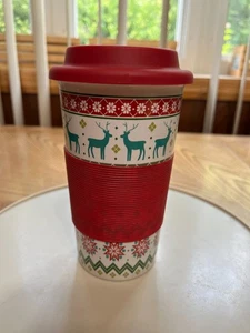 CALIFORNIA PANTRY CERAMIC TRAVEL MUG WITH RUBBER GRIP AND LID XMAS REINDEER - Picture 1 of 6