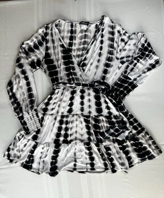 Mini Vestido Negro Blanco Tie Dye Manga Larga Dobladillo Fluido Elástico L Boho Festival Foto 1 de 4