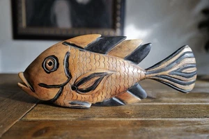 Handgeschnitzte Holz Fisch Skulptur Volkskunst rustikales Küstendekor 12 Zoll - Bild 1 von 10