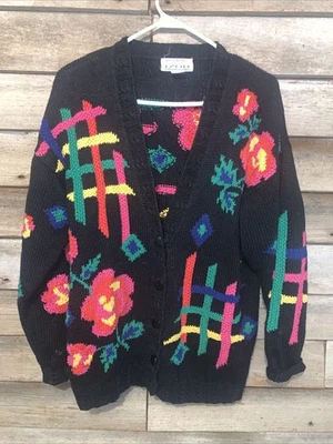 美丽复古手工针织 Izod 毛衣开衫/花卉 Cottagecore — 第 1/4 张图片