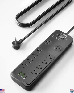 PLUGTUL 15FT Surge Protector Power Strip - 10 Outlets, Flat Plug, 20W USB-C - Picture 1 of 6