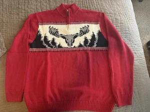 Chaps Sweater Mens XL Red Knit Holiday Christmas Stretch Moose Stag 1/4 Zip - Picture 1 of 4