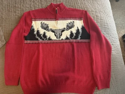 Chaps Ralph Lauren Sweater Mens XL Red Knit Holiday Christmas Moose 1/4 Zip - Image 1 of 4