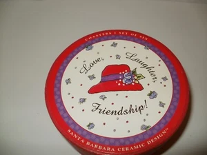 Santa Barbara Ceramics Coasters -Friendship Love Laughter in Round Box Red Hat - Picture 1 of 8