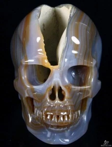 Unique Huge 5.0" Geode Agate Carved Crystal Skull - Picture 1 of 15