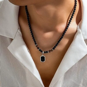 Black Tiger Stone Stainless Steel Pendant Choker For Men Casual Jewelry - Picture 1 of 16