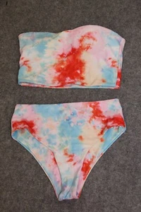 BIKINI SET BUSTIER & SLIP GRÖSSE S BLAU ORANGE BAT GEMUSTERT TRÄGERLOS MIT PADS - Picture 1 of 2
