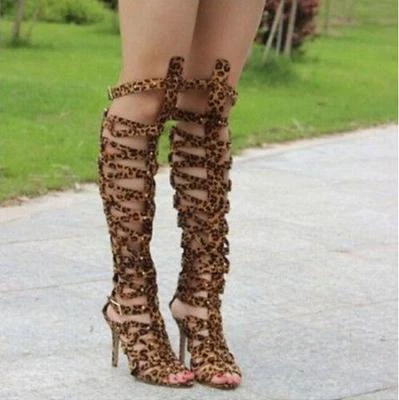 Gladiator Womens Strap Open Toe Sandals Knee Boots Zipper High Heel Shoes Sz New - Image 1 of 4