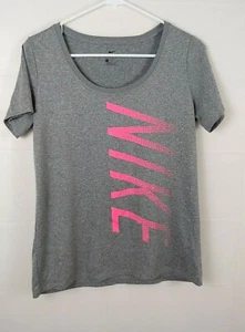 Nike Womens Athletic Top Medium Gray Pink Spell Out Dri Fit Short Sleeve - Picture 1 of 4