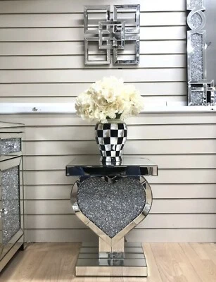 Crushed Diamond Mirrored Pedestal Crystal Heart End Table Lamp Table Side Table - Image 1 of 4