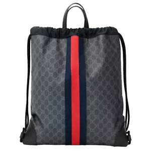 Gucci Sherry Line Drawstring Backpack Black GG Supreme Canvas Leather 473872 - Picture 1 of 15