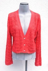 Jacke Strickjacke Cardigan rot himbeerrot Strassknöpfe Lochmuster 38 40 L ZARA - Bild 1 von 2