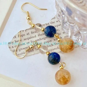 6-8-10mm Citrine & White Crysta Lapis Lazuli Round Beads Dangle Hook Earrings - Picture 1 of 12