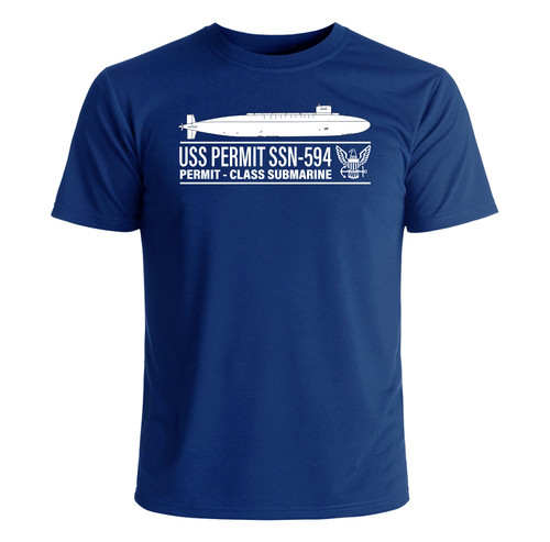 Blue short-sleeve t-shirt with white submarine graphic and text “USS Permit SSN-594 Permit-Class Submarine” in bold navy font.