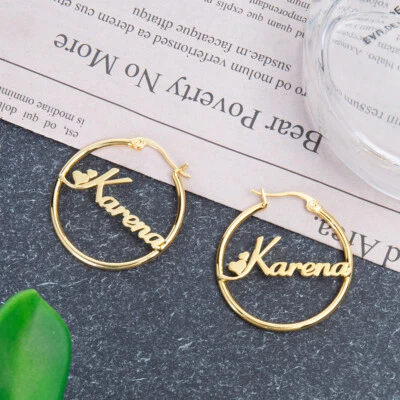 Pendientes de aro con nombre personalizados de plata de ley para regalo de joyería para ella Foto 1 de 3