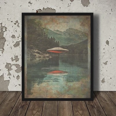 Vintage UFO Nature Wall Art, Sci-fi UAP Lake Tree Decor, USO Forest Hike Poster - Image 1 of 4