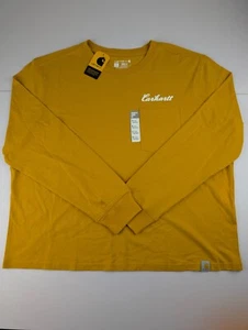 Carhartt T-Shirt Women Large (12-14) Boxy Mustard Long Sleeve Knit Logo Top New - Picture 1 of 11