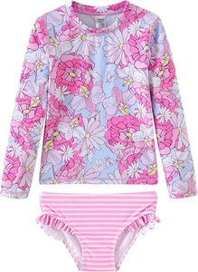 Toddler and Little Girls Rash Guard Sets with Bikini Bottoms Swimwear - Picture 1 of 12