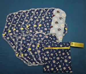 Set/8+4 Reusable Menstrual Pads, & Free WetBag (Bees And Daisies) - Picture 1 of 2