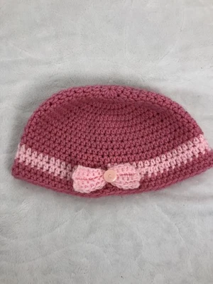 Handmade Crochet Hat Beanie Fitted Kids Pink Bow Button Light Pink Stripe - Image 1 of 4
