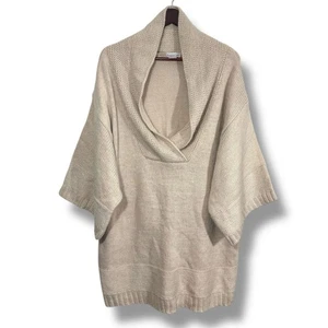 Beigefarbener Strickpullover mit Wasserfallausschnitt und weicher Umrandung Oversize-Passform - Bild 1 von 9