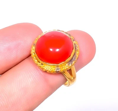 Anillo amarillo 18k con piedras preciosas de coral rojo chapado en plata s.7.5 R7623-174 Foto 1 de 4