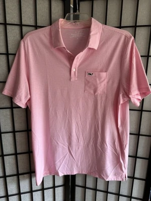 Vineyard Vines Edgartown Polo 男式大号粉色细条纹休闲 — 第 1/4 张图片