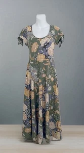 Vtg CHAPS Dress Sz M Green Yellow Floral Cottagecore Tie-Sleeves Cotton - Picture 1 of 7