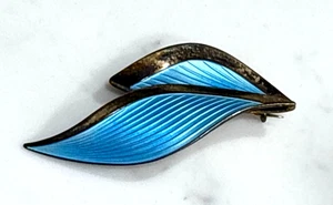 Vintage Aksel Holmsen Sterling Silber Brosche blau Guilloche Emaille Norwegen Blatt - Bild 1 von 8