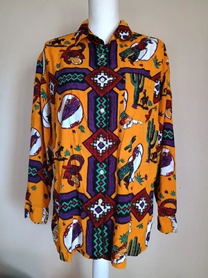 Camisa De Colección Años 80 Nueva Ola Estampado Vaquero Occidental Rayón Manga Larga Ultra Rosa Med Foto 1 de 4