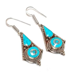 Türkis Edelstein Ohrringe Tibetische Handarbeit Ethno Nepali Schmuck 2,3" NE ... - Bild 1 von 7